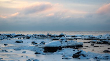 Deniz kenarındaki renkli kış manzarası, deniz kıyısındaki donmuş taşlar, günbatımı renkleri, kar ve buz, Letonya, Vidzeme 'deki Rocky sahili.