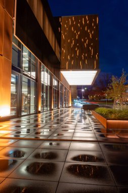 Noel havasında muhteşem dekore edilmiş şehir, çeşitli ışıklar ve dekorasyonlar, dekore edilmiş ev cepheleri ve köknar ağaçları, gece manzarası, Valmiera, Letonya