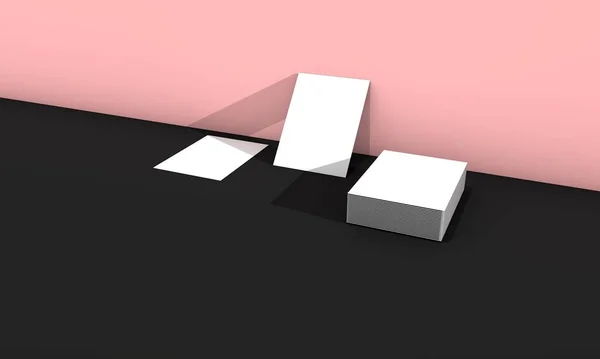 Λευκές επαγγελματικές κάρτες σε ροζ πολύχρωμο φόντο που παράγεται σε τρισδιάστατη απεικόνιση. 3D απόδοση εικόνας για τις επιχειρήσεις και τις εταιρείες να εμφανίσει τις κάρτες σας. 3d αποτύπωση. — Φωτογραφία Αρχείου