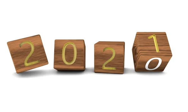 2021 lettering su dadi di legno con lettere dorate. Illustrazione 3d. — Foto Stock