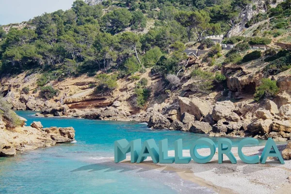 Mallorca text written on the beach with 3D letters. Summer and vacation concept. — Stock Photo, Image