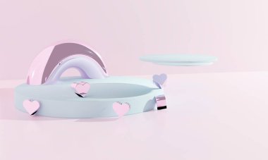 3D soyut podyum, hediyeler ve objeler koymak için sevgililer günü aşkı konsepti. 3d illüstrasyon.