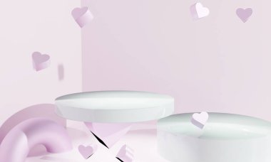 3D soyut podyum, hediyeler ve objeler koymak için sevgililer günü aşkı konsepti. 3d illüstrasyon.