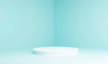 Podyum ve soyut arkaplanı olan en küçük sahne. Geometrik şekil. Mavi pastel renkler sahnesi. Asgari 3D görüntüleme. Geometrik formları ve mavi arkaplanı olan bir sahne. 3d illüstrasyon.