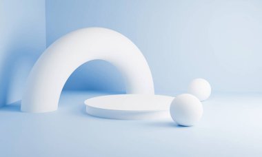 Podyum ve soyut arkaplanı olan en küçük sahne. Geometrik şekil. Mavi pastel renkler sahnesi. Asgari 3D görüntüleme. Geometrik formları ve mavi arkaplanı olan bir sahne. 3d illüstrasyon.