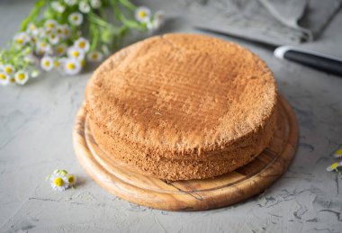 Gri arka planda ahşap bir tabakta havadar bir sünger keki..