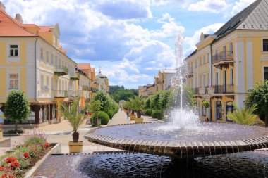 Çek Cumhuriyeti 'nde 14 Temmuz 2020 Frantiskovy Lazne / Franzensbad: Yayaların merkezindeki çeşme