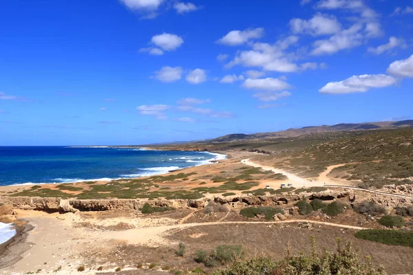 Vista Panorâmica Para Água Cristal Praia Lara Perto Paphos Chipre — Fotografia de Stock