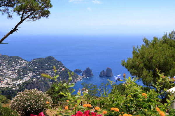 Spectacular View of Sea Cliffs and Coastline to the Faraglioni Rocks from Monte Solaro, Island of Capri in Italy