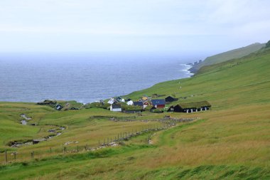 the beautiful village of Mykines with colorful houses with grass on the roofs, Mykines Island, Faroe Islands, Europe