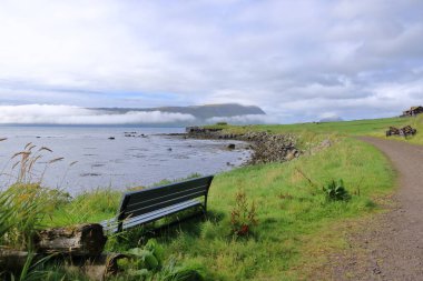 view to Hestur and Koltur Island from Kirkjubour at Streymoy Island, Faroe Islands in Denmark