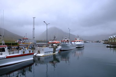Siglufjordur, İzlanda - 30 Ağustos 2025: Bulutlu bir günde güzel köyün limanında