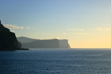 view to Risin and Kellingin, the giant and the witch from the sea at sunset, Faroe Islands, Denmark