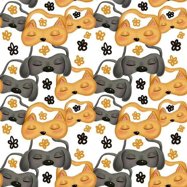 Seamless pattern element illustration orange and gray sleep mask in the form of a cat and a Fox and a dog cartoon style on a white background, leisure, items, for postcards,  packaging, decoration