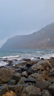 Lofoten Adaları 'nın güzel doğası. Norveç 'in dağları ve fiyortları. Kışın kıyı şeridi karla kaplanmış, fiyort manzarası, suda yansıma..