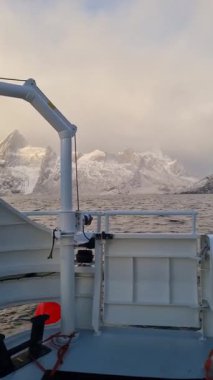 Fiyortta bir balıkçı teknesi. Lofoten Adaları, Norveç. Endüstriyel balıkçılık İnsansız hava aracı görüntüsü. Dağlar ve deniz. Norveç 'in Resmi