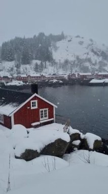 Lofoten Adaları 'ndaki kırmızı ahşap Rorbu kulübeleri. Geleneksel balıkçı köyü, karlı bölgelere karşı kırmızı rorbu evleri. Huzurlu manzara suya güzel bir şekilde yansıyor. Norveç.