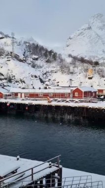 Geleneksel kırmızı ve sarı ahşap evler, küçük balıkçı köyü Nusfjord, Lofoten adaları, Norveç, Avrupa 'da. Balıkçı tekneli fiyort