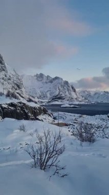 Norveç 'teki Lofoten Adalarında Kış Manzarası.