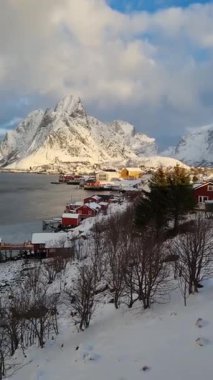 Kışın Lofoten adalarında geleneksel rorbu evleri olan Reine köyü. Kuzey Norveç 'teki Reinebringen Dağı ve donmuş deniz suyu üzerinde kırmızı ahşap balıkçı kulübeleriyle İskandinav manzarası.