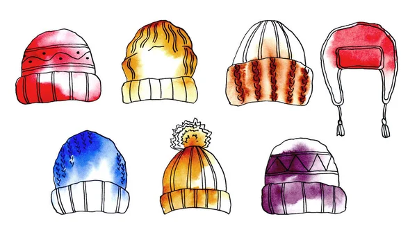 Illustrazione Schizzo Acquerello Dipinta Mano Set Lucenti Cappellini Invernali Colorati — Foto Stock