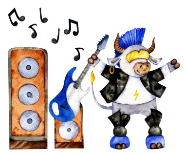 2021 yılının sembolü olan elle boyanmış suluboya resim. Metal boğa. Gitarlı, hoparlörlü ve notalı rock yıldızı inek kompozisyonu