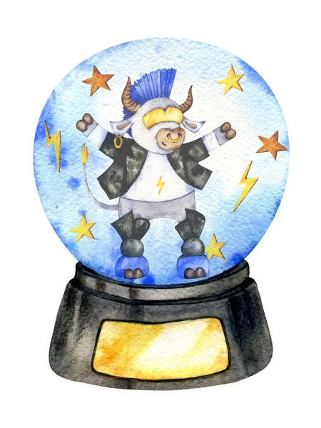 手绘插图 象征2021年新的一年 金属公牛 雪球与圣诞摇滚明星奶牛 适用于全盛时期的装饰 — 图库照片