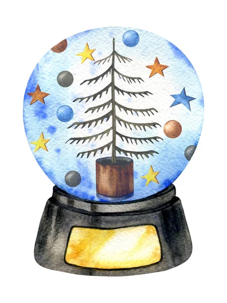 手で水彩冬のイラストを描いた クリスマスツリー 星とボールと雪の地球 — ストック写真