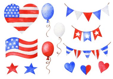 Suluboya el çizimi. ABD 'nin bağımsızlık günü. Ulusal renklerdeki dekoratif unsurlar - evler, yıldızlar, bayraklar