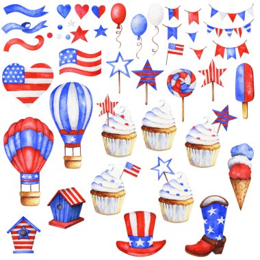 Suluboya el çizimi. ABD 'nin bağımsızlık günü. Ulusal renklerde dekoratif unsurlar - pasta, şeker, ev, yıldız, bayrak, dondurma, balon, şapka, bot, kalp