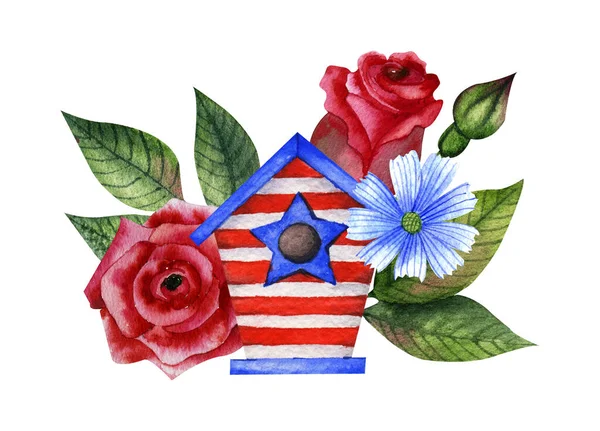 Aquarel Hand Getekend Illustratie Viering Van Amerikaanse Onafhankelijkheidsdag Feestelijke Compositie — Stockfoto