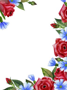 Amerikan Bağımsızlık Günü. Suluboya el, mavi çiçek ve yeşil yapraklı kırmızı güllerin resimlerini çizdi. Çiçek çerçevesi, tatil geçmişi