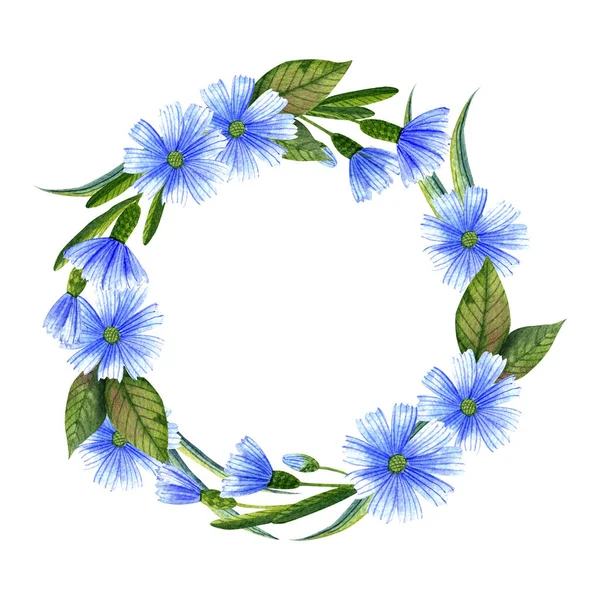 Квітковий Вінок Акварель Ручна Розписана Ілюстрація Синіх Квітів Зеленим Листям — стокове фото