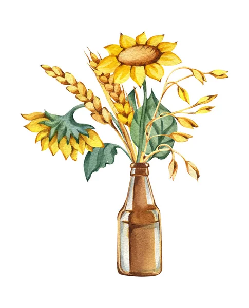 Illustrazione Acquerello Dipinta Mano Oktoberfest Luminoso Bouquet Grano Girasoli Bottiglia — Foto Stock