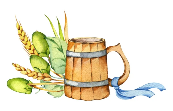 Handgemalte Aquarell Illustration Oktoberfest Helle Komposition Aus Grünem Hopfen Und — Stockfoto