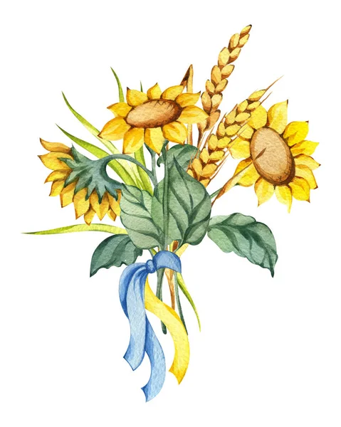 Illustrazione Acquerello Dipinta Mano Luminoso Bouquet Autunnale Girasoli Grano Con — Foto Stock