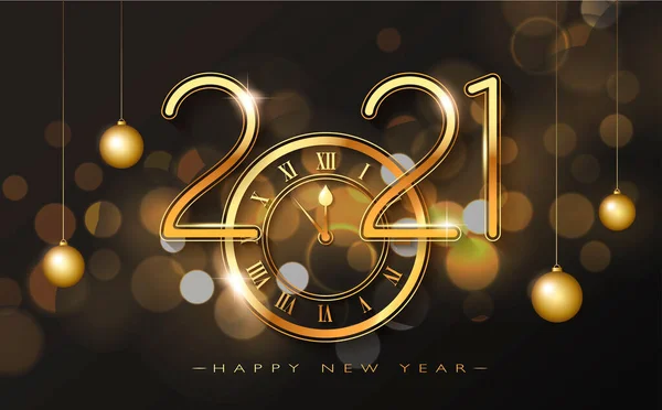 Bonne année 2021 - Nouvel An Fond brillant avec horloge en or et paillettes. — Image vectorielle