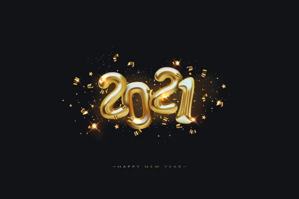 Metallic Gold Letter Balloons on black, 2021 Happy new year, Gold Number Balloons, Alphabet Letter Balloon, Number Balloon, Air Filled Ball — Stock Vector