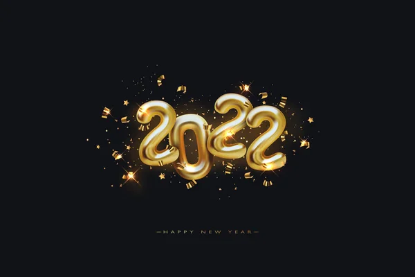 Metallic Gold Letter Balloons on black, 2022 Happy new year, Gold Number Balloons, Alphabet Letter Balloon, Number Balloon, Air Filled Ball — Stock Vector