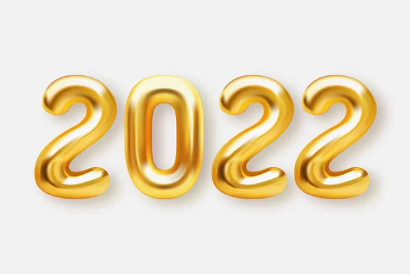 Buon anno 2022. Sfondo realistici palloncini d'oro. Elementi decorativi di design. Oggetto renderizzare pallone 3d con nastro. Festeggia festa Poster, banner, biglietto di auguri. — Vettoriale Stock