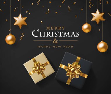 Mutlu noeller, altın ve siyah renklerin vektör çizimi. Altın kurdeleli hediyeler, siyah arka planda noel topları.