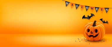 Cadılar Bayramı arkaplanı bayraklar, balkabağı ve turuncu arkaplandaki Cadılar Bayramı elementleri. Web sitesi ürkütücü, arka plan ya da bayram şablonu