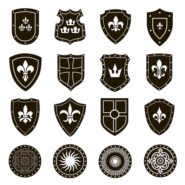 Conjunto de 16 iconos escudos caballeros — Vector de stock