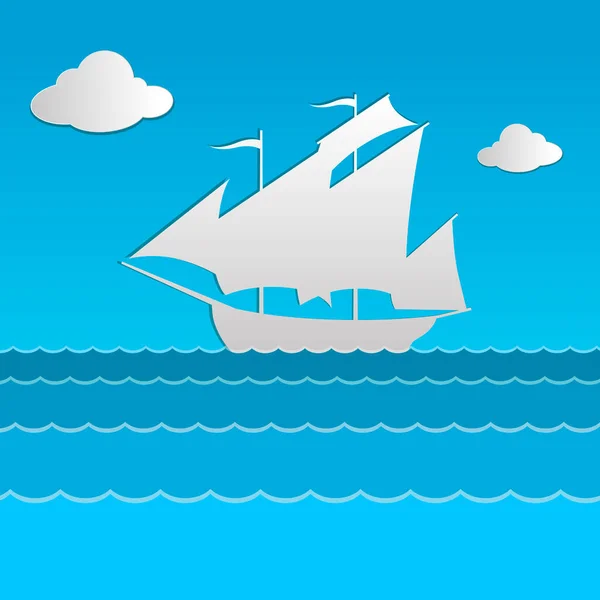 Weißes Vektor Papier Segelboot Auf Blauem Hintergrund Mit Wellen Wolken — Stockvektor