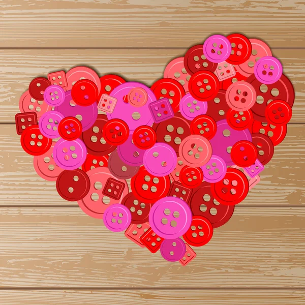 Vector Heart Made Red Pink Buttons Wooden Brown Background — Stock Vector