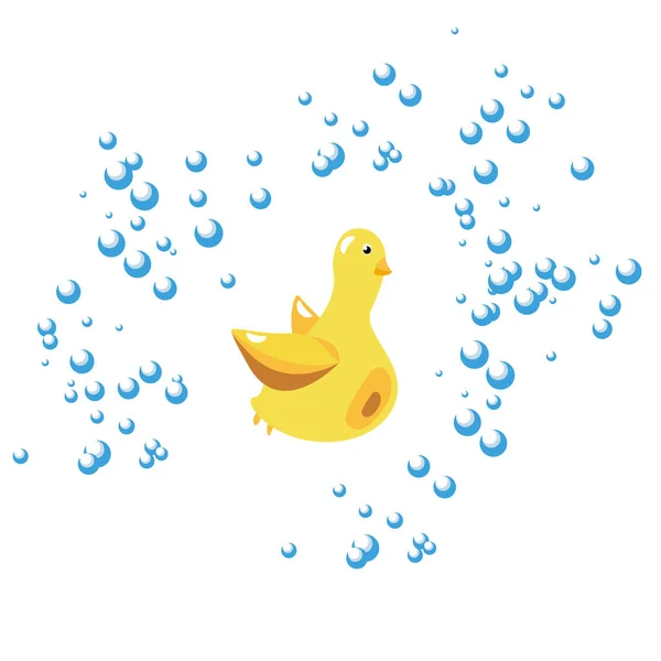 Cute duck toy in the shower foam — Stock Vector