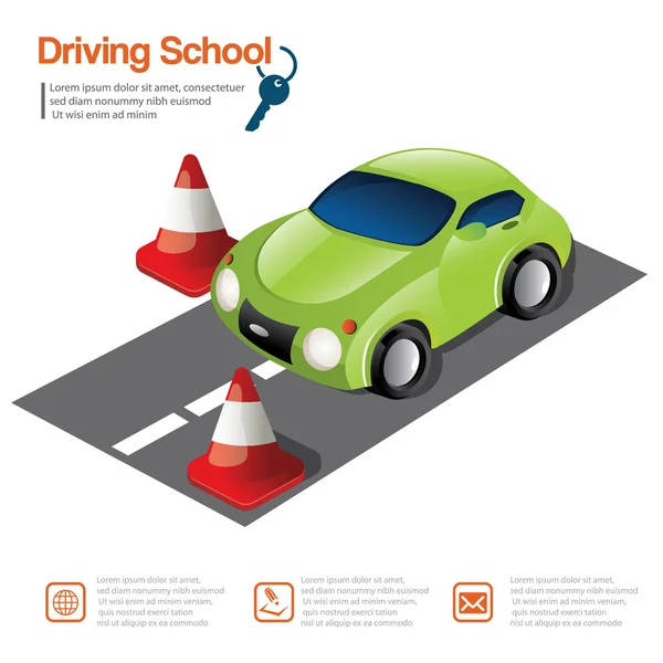 Groene auto en weg kegel, Driving School — Stockvector