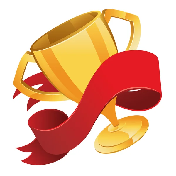Gold cup, trophy with red ribbon — Stock Vector