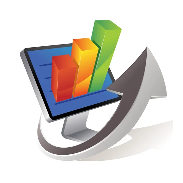 Monitor con flecha y gráfico de barras de colores — Vector de stock