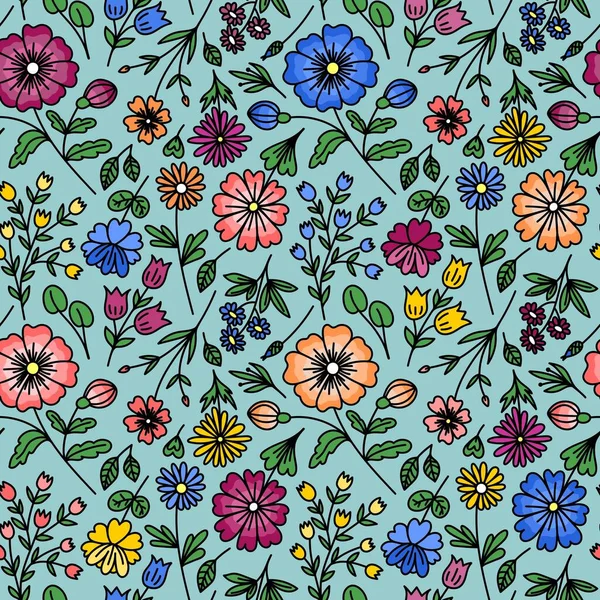 Blue Nahtlose Patterne Mit Wilden Blumen Vektor — Stockvektor